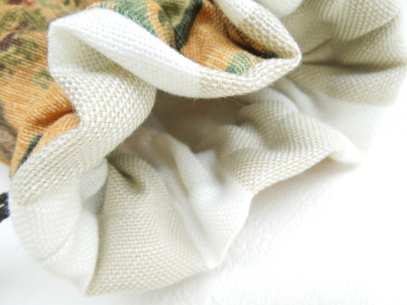 廃番生地につき１点のみです：マスタードなボタニカル☆イギリス製コットンプリントの巾着：フェイクレザー切替 9枚目の画像