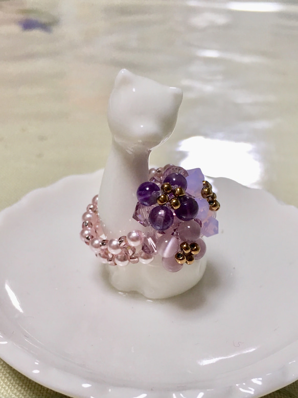 【再販4】ビーズフラワーリング〜紫色の花束〜 3枚目の画像