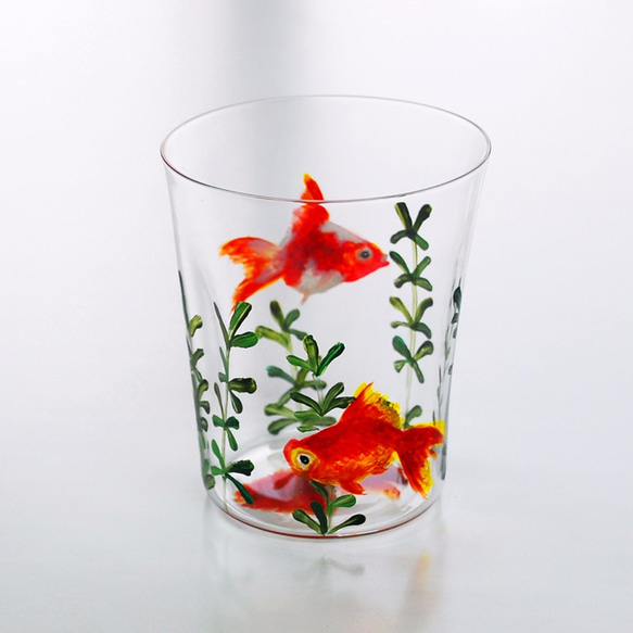 ○●La shion●○金魚(夏)  ハンドペイント うすはり しわガラスタンブラー ◆日本製 2枚目の画像