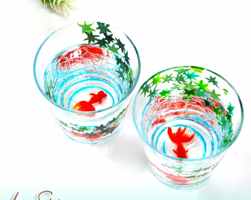 ○○La shion○○青紅葉＆金魚(夏) ハンドペイント ひびガラス