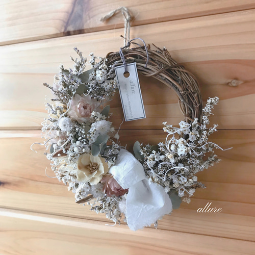 ドライフラワー リース ゜・*:.。❁ 白 くすみピンク ミニリース  