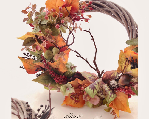 晩秋まで飾れるフラワーリース♡揺れる紅葉に秋風を感じて♡秋の実りの宝石箱♡2点 晩秋まで飾れるフラワーリース♡揺れる紅葉に秋風を感じて♡秋の