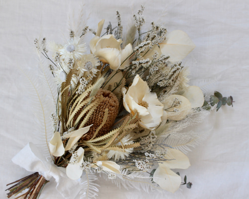 ドライフラワーのウェディングブーケ ヘッドドレス ブトニア3点