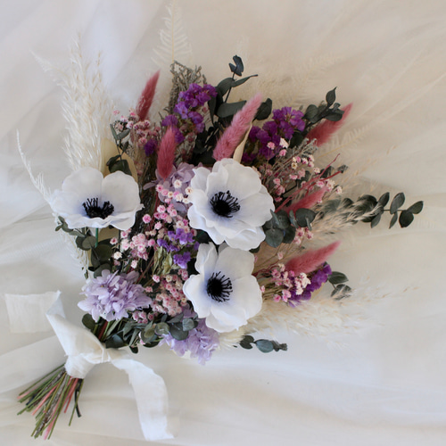 アネモネ ウェディングブーケ ヘッドドレス ブトニア3点セット ピンク