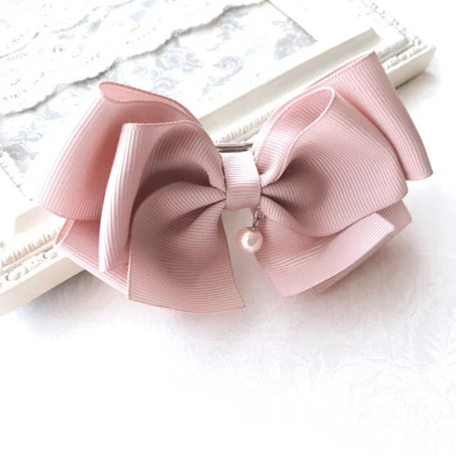リボン バレッタ ♡Luna ルナ♡ ピンクベージュ×表情が変わります