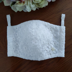 特別な日に　受注製作　綿ローン花刺繍　モチーフレースにパールを添えて　肌に優しい　格子Wガーゼ　オフホワイト　レースゴム 2枚目の画像