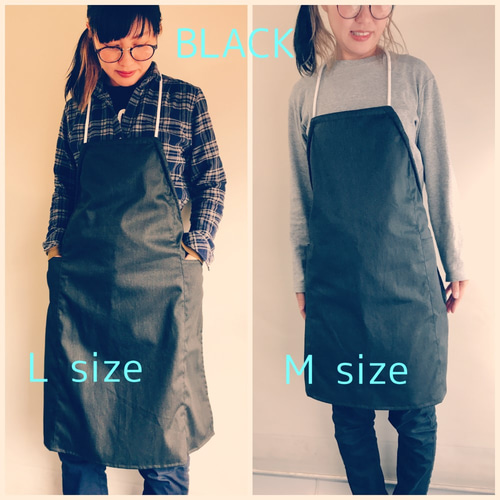 防水エプロン デニム風ムラ染め：ブラックコットン Lサイズ