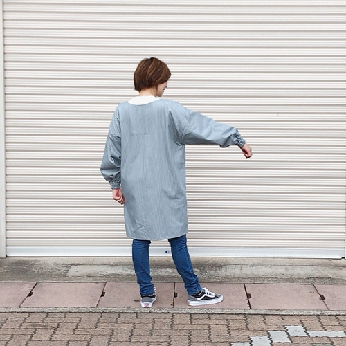 前開き あったか割烹着：ヒッコリーサックスグレー】 裏フリース