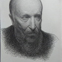 死と対峙する老人」キャンバスに木炭デッサン、鉛筆 72.7 x 91 x 2 cm