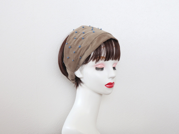 ドット刺繍(スモークブルー)のコーデュロイのヘアバンド<hairband147> 4枚目の画像