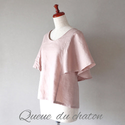 春のやわらかピンク♪リネンのフレア袖ブラウス(モーヴピンク・Ｕネック) <blouse007> 2枚目の画像