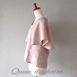 春のやわらかピンク♪リネンのフレア袖ブラウス(モーヴピンク・Ｕネック) <blouse007> 3枚目の画像