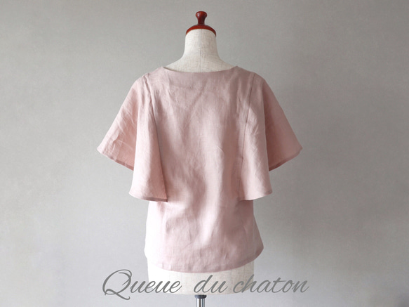 春のやわらかピンク♪リネンのフレア袖ブラウス(モーヴピンク・Ｕネック) <blouse007> 4枚目の画像