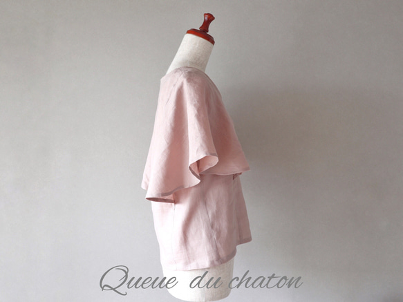 春のやわらかピンク♪リネンのフレア袖ブラウス(モーヴピンク・Ｕネック) <blouse007> 5枚目の画像