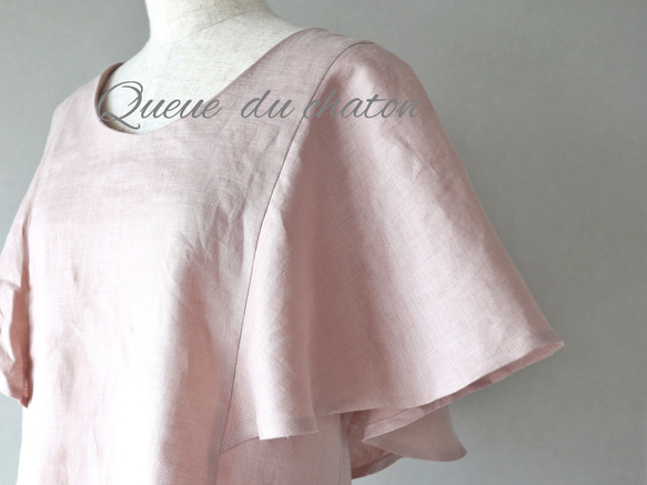 春のやわらかピンク♪リネンのフレア袖ブラウス(モーヴピンク・Ｕネック) <blouse007> 7枚目の画像