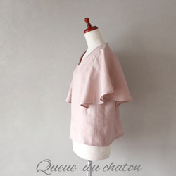 大人仕様のやわらかピンク♪リネンのフレア袖ブラウス(モーヴピンク・Ｖネック) <blouse008> 3枚目の画像