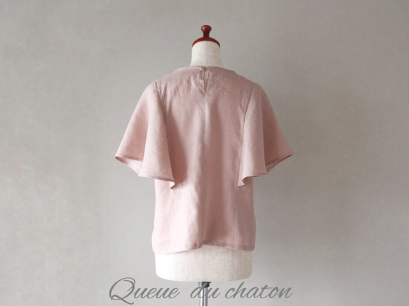 大人仕様のやわらかピンク♪リネンのフレア袖ブラウス(モーヴピンク・Ｖネック) <blouse008> 4枚目の画像