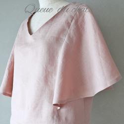 大人仕様のやわらかピンク♪リネンのフレア袖ブラウス(モーヴピンク・Ｖネック) <blouse008> 6枚目の画像