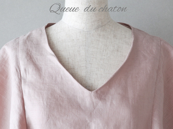 大人仕様のやわらかピンク♪リネンのフレア袖ブラウス(モーヴピンク・Ｖネック) <blouse008> 8枚目の画像