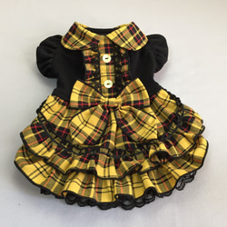 ◎犬服オーダー◎黄色系タータンチェック◎フリルスカート◎姫ドレス