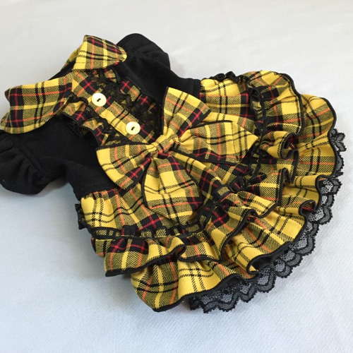 ◎犬服オーダー◎黄色系タータンチェック◎フリルスカート◎姫ドレス