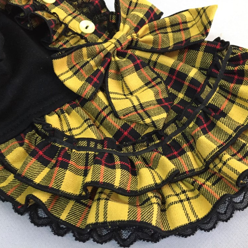 ◎犬服オーダー◎黄色系タータンチェック◎フリルスカート◎姫ドレス