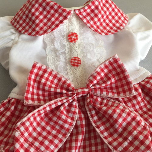 大きなリボンギンガム　　∞TuTu∞  犬服　ハンドメイド 秋色ドットボーダー ナチュラルリボン 犬リボン わんこリボン