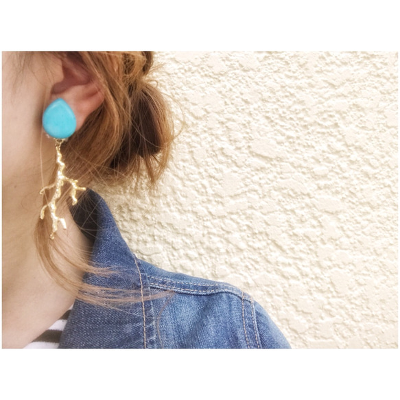 ***Coral Turquoise***-イヤリング・ピアス可♡ターコイズとサンゴのモチーフのピアス\☆/ 2枚目の画像