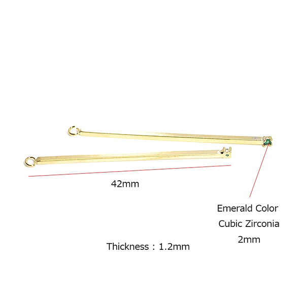 P6974【2個入り】一粒エメラルドカラーCZ＆華奢なStickのゴールドチャーム 3枚目の画像