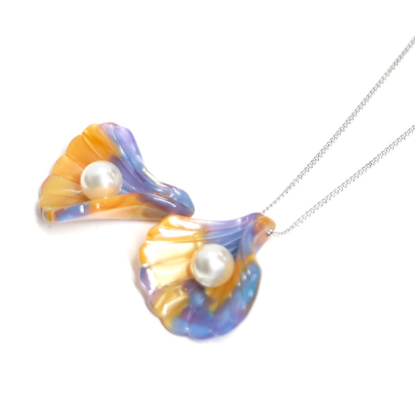 日本製造[1件]珍珠和藍色橙色貝殼吊墜，魅力JP 第2張的照片