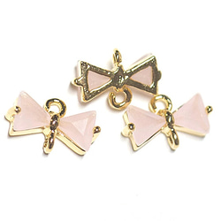全新【2 件】可愛絲帶粉彩粉色 CZ 金色連接器，吊飾 第2張的照片