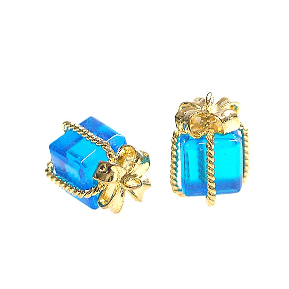 16KGP [2 件] P1787L 卡普里藍色玻璃珠寶盒中號金色吊飾 第1張的照片