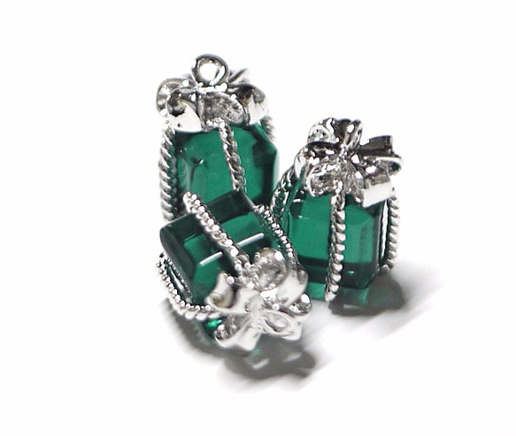 新作【2件】Glass Emerald Color Petite Jewel Box Silver Charm, Parts 第4張的照片