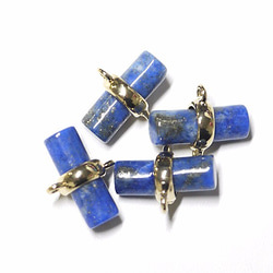 【2個入り】天然石～Lapis lazuli風円柱形ゴールドコネクター、チャーム 2枚目の画像