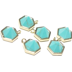 【2個入り】１点もの～天然石ターコイズ（Turquoise）風Hexigonカットゴールドチャーム、パーツ 5枚目の画像