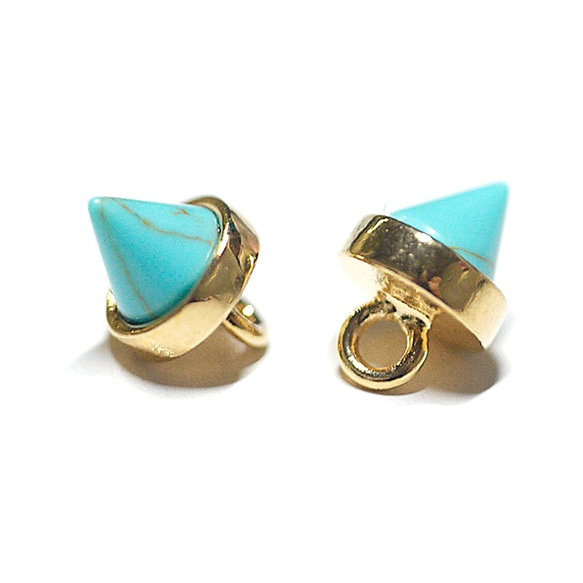 【2個入り】Petit Triangle立体的な三角形ターコイズ（Turquoise）風ゴールド天然石チャーム 2枚目の画像