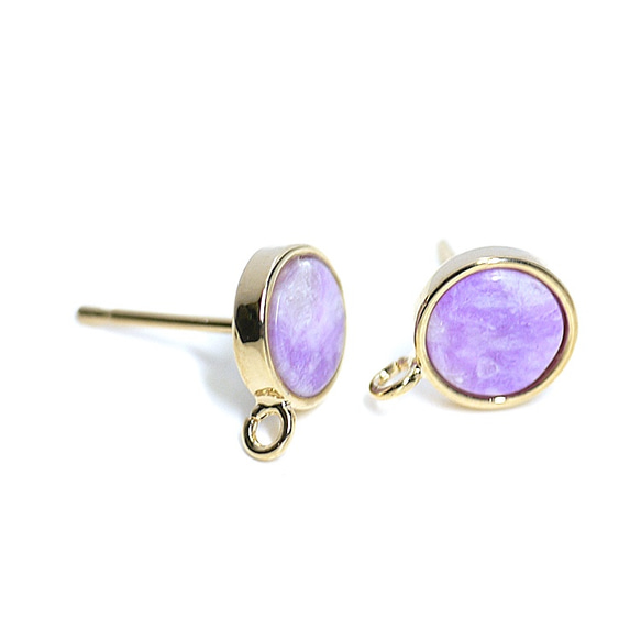 出售[1對] SV925蓋芯！ 8毫米圓形淡紫色琉璃金色金耳環 第1張的照片