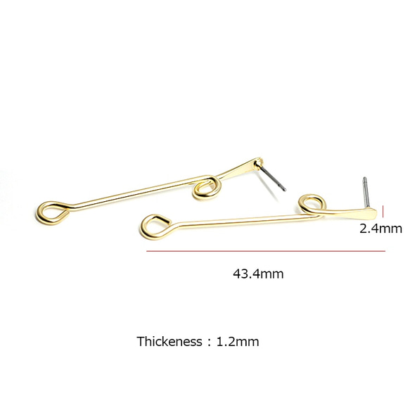 w0175【1ペア】チタン芯！マットゴールド約43mmロングツイストピアス、パーツ 3枚目の画像