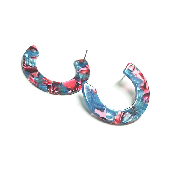 出售[1對]左右和鈦芯＆！藍色和粉紅色的彩色半圈形狀！纖維素樹脂耳環，零件 第4張的照片