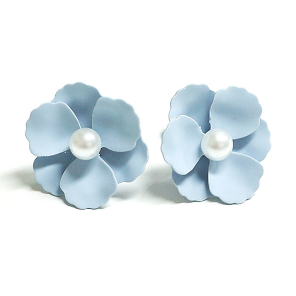 新[1對]淡藍色的顏色的花和糧食珍珠鈦芯耳環 第2張的照片