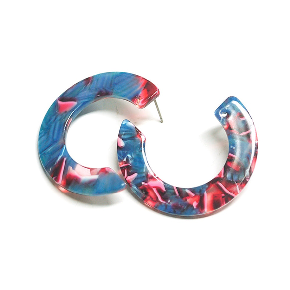 出售[1對]左右，帶孔和鈦金屬芯！藍色和粉紅色的彩色半圈形狀！耳環，零件 第2張的照片