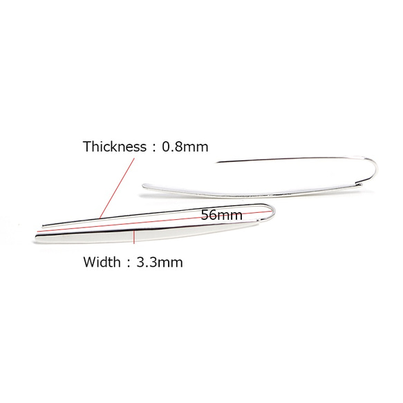 新作【1ペア】華奢でスリムな約56mm Simple Long光沢シルバーフックピアス、パーツ 4枚目の画像