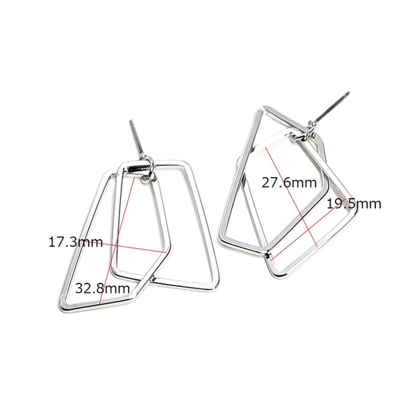 再販【1ペア】チタン芯！Irregular Double Square形光沢シルバーピアス、パーツ 3枚目の画像
