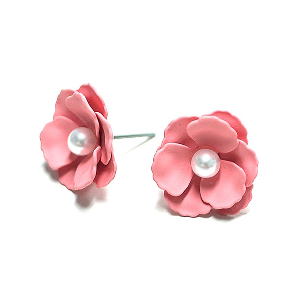 SALE【1ペア】Anemoneビンテージピンクカラーパール付き花チタン芯ピアス 2枚目の画像