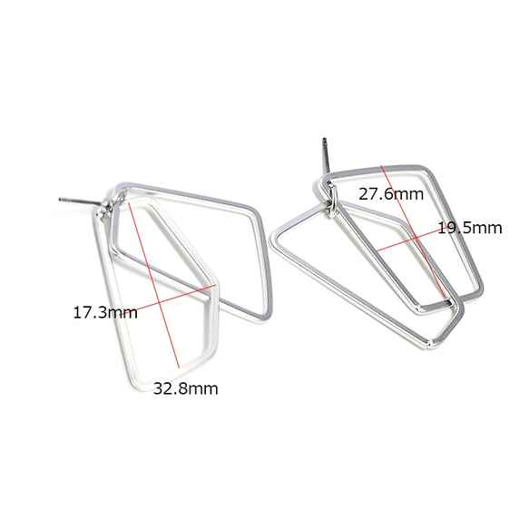 新作【1ペア】チタン芯！Irregular Double Square形マットシルバーピアス、パーツ 3枚目の画像