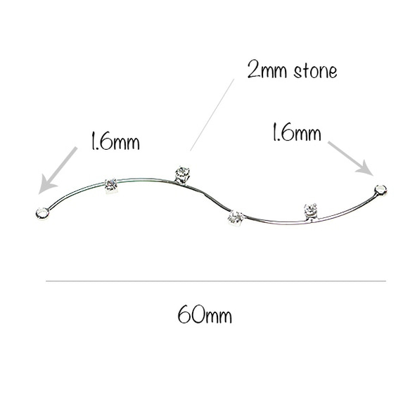 再販【2個入り】4粒チェコストーン付き60mmロングウェイブシルバー両カンチャーム、パーツ 4枚目の画像
