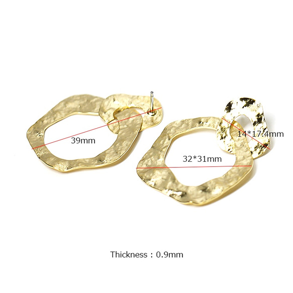 再販【1ペア】925刻印芯！マッドゴールドのバラして使える大ぶりな歪み形ピアス 3枚目の画像
