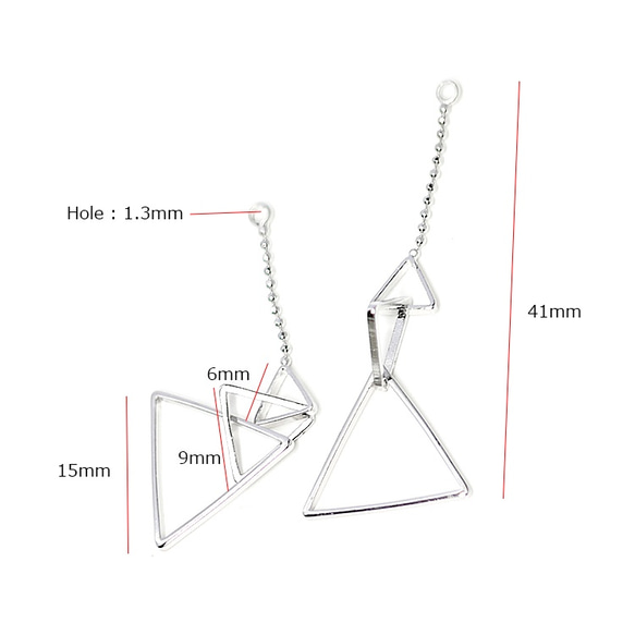 新作【2個入り】揺れる華奢な大きさ違いの三角形チェーン付き光沢シルバーチャーム、ペンダント 4枚目の画像