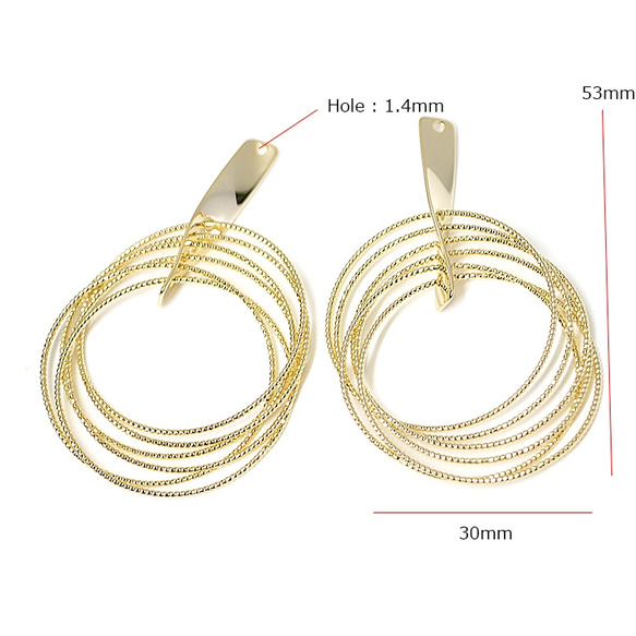 新作【2個入り】揺れ動く大ぶりな約53mm Six Circle光沢ゴールドチャーム、パーツ 4枚目の画像