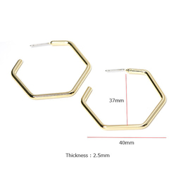 新作【1ペア】チタン芯！光沢ゴールド大ぶり約37mm六角形ピアス、パーツ 5枚目の画像